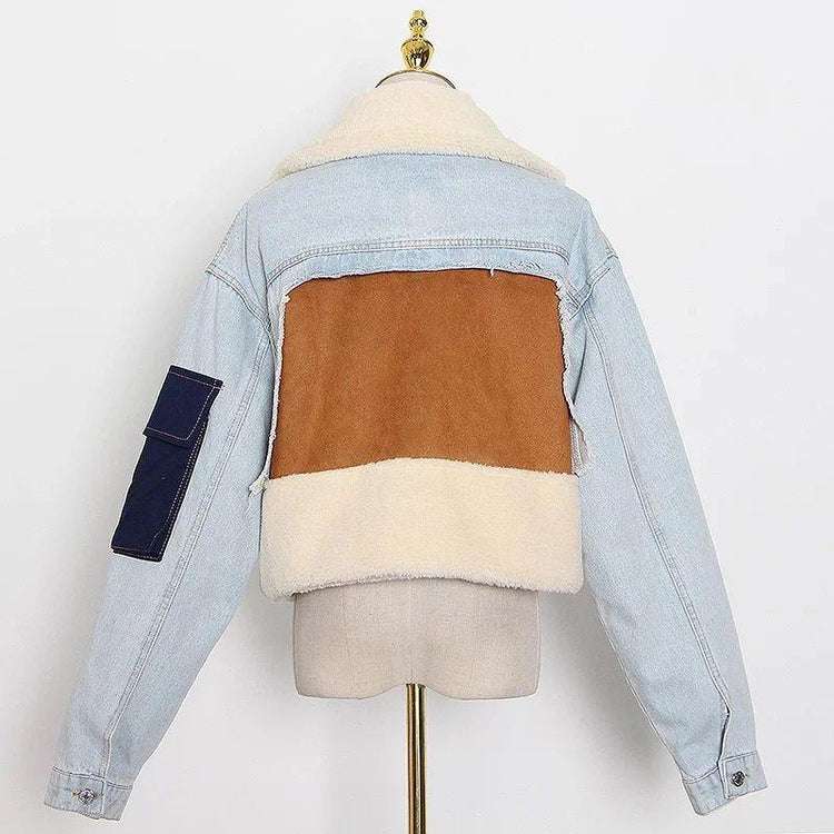 Waist Length Faux Fur Denim Coat