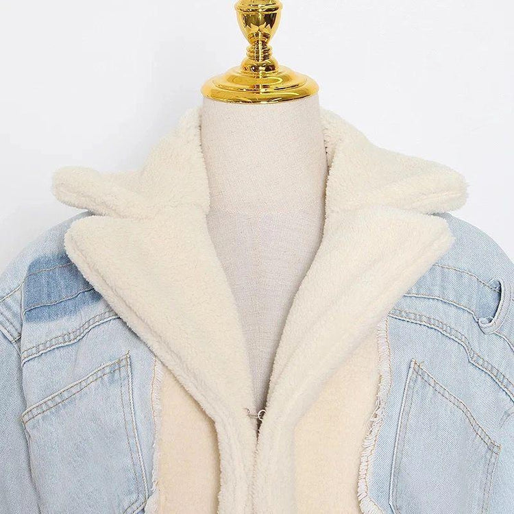 Waist Length Faux Fur Denim Coat