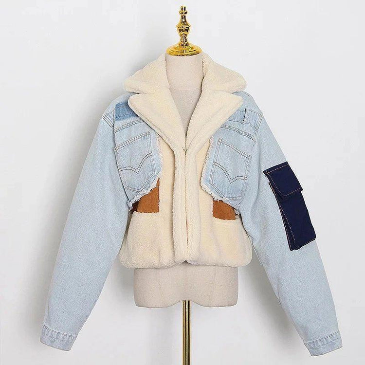 Waist Length Faux Fur Denim Coat